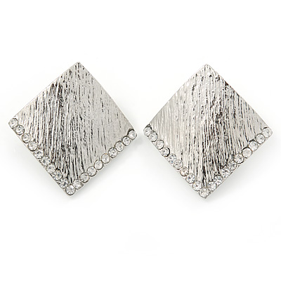 Silver Tone Textured Crystal Square Stud Earrings - 30mm - main view
