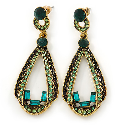 Emerald and Light Green Crystal Loop Drop Earrings In Gold Tone - 60mm L - main view