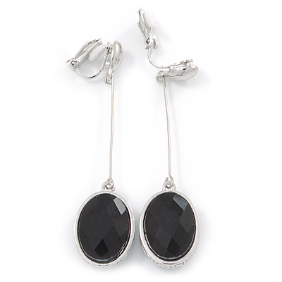 Black, Oval, Faceted, Glass Stone Metal Bar Drop Clip On Earrings In Silver Tone - 65mm L - main view