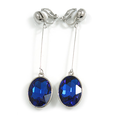 Light Blue Oval Faceted Glass Stone Metal Bar Drop Clip On Earrings In Silver Tone - 65mm L - main view