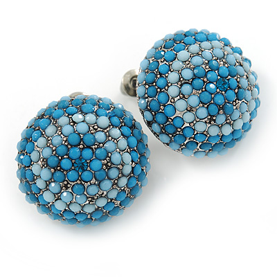 Boho Style Sky/ Light Blue Beaded Dome Stud Earrings In Silver Tone - 22mm - main view