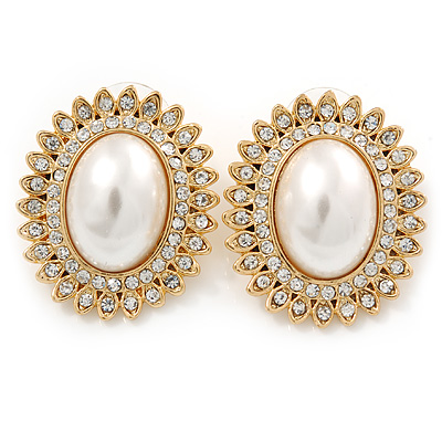 Large Crystal, Pearl Oval Shape Stud Earrings In Gold Plating - 30mm L - main view