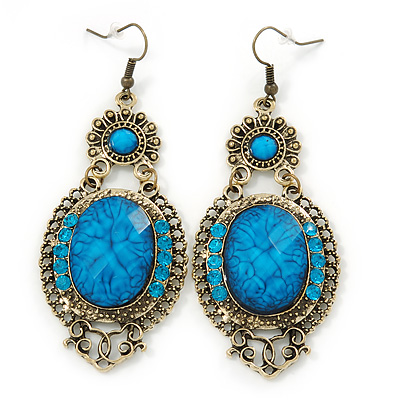 Victorian Style Blue Acrylic Bead, Crystal Chandelier Earrings In Antique Gold Tone - 80mm L - main view