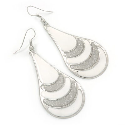 White Enamel With Glitter Teardrop Earrings In Silver Tone - 65mm L - main view