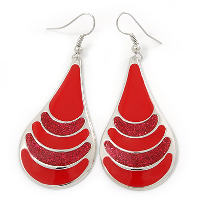 Red Enamel With Glitter Teardrop Earrings In Silver Tone - 65mm L - main view