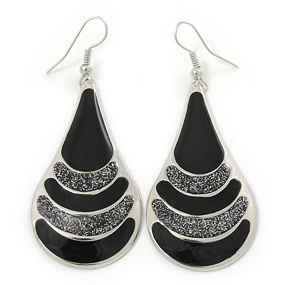 Black Enamel With Glitter Teardrop Earrings In Silver Tone - 65mm L - main view