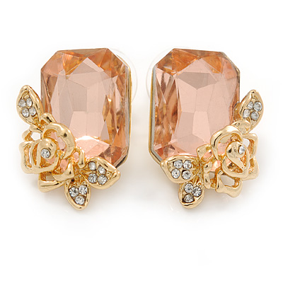 Champagne Square Glass with Rose Motif Stud Earrings In Gold Plating - 25mm L - main view
