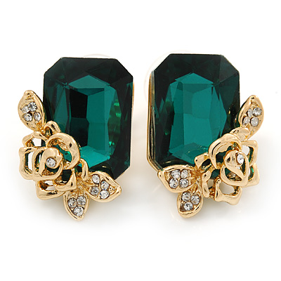Green Square Glass with Rose Motif Stud Earrings In Gold Plating - 25mm L - main view
