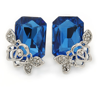 Blue Square Glass with Rose Motif Stud Earrings In Rhodium Plating - 25mm L - main view