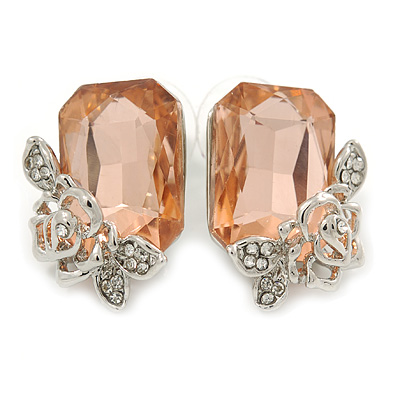 Champagne Square Glass with Rose Motif Stud Earrings In Rhodium Plating - 25mm L - main view