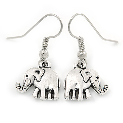 Small Elephant Drop Earrings In Silver Tone - 30mm L