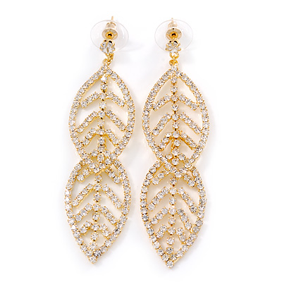 Gold Plated Clear Austrian Crystal Double Leaf Drop Earrings - 75mm L - main view