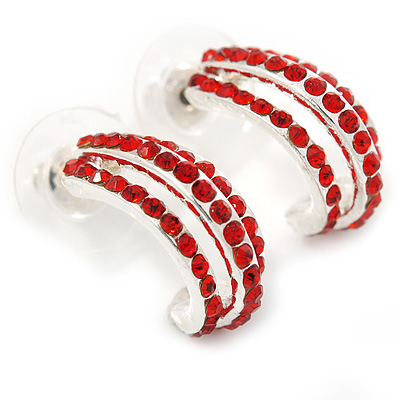 C Shape Red Crystal Drop Earrings In Silver Tone - 20mm L - main view