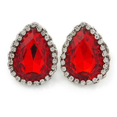 Red/ Clear Glass Teardrop Stud Earrings In Rhodium Plating - 30mm L - main view