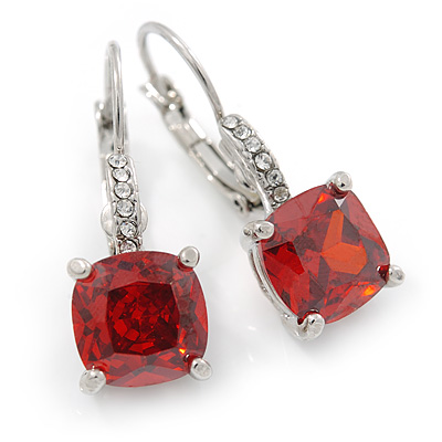 Pear Cut Red CZ/ Clear Crystal Drop Earrings In Rhodium Plating With Leverback Closure - 30mm L