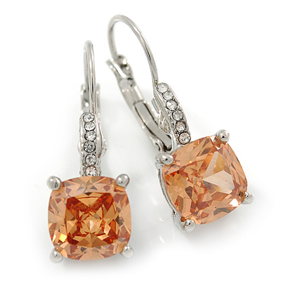 Pear Cut Champagne CZ/ Clear Crystal Drop Earrings In Rhodium Plating With Leverback Closure - 30mm L - main view