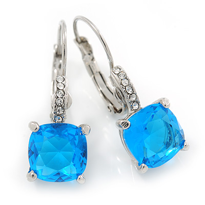 Pear Cut Sky Blue CZ/ Clear Crystal Drop Earrings In Rhodium Plating With Leverback Closure - 30mm L - main view