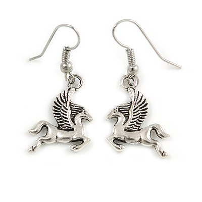 Small Pegasus the Winged Horse Drop Earrings In Silver Tone - 40mm L - main view