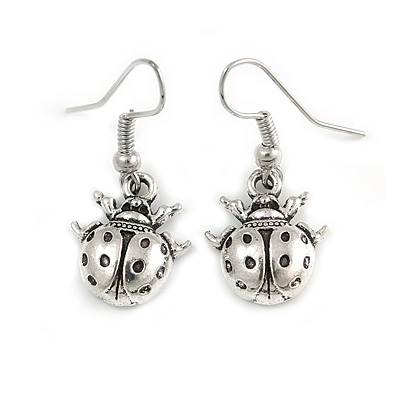 Small Ladybug Drop Earrings In Silver Tone - 30mm L - main view