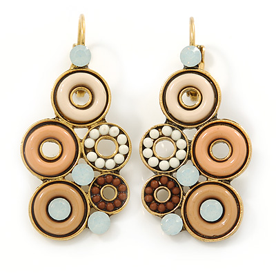 Bead, Crystal Multi Circle Drop Earrings with Leverback Closure In Gold Tone (Beige, Cream, Brown) - 42mm L - main view