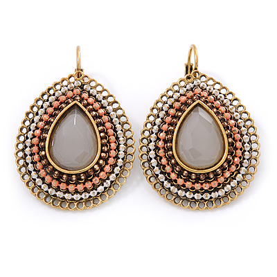 Bead, Crystal Teardrop Earrings with Leverback Closure In Gold Tone (White, Coral, Brown) - 40mm L - main view