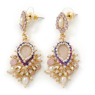 Pearl, Crystal Bead Drop Earrings In Gold Plating (Pink, White, Purple) - 50mm L