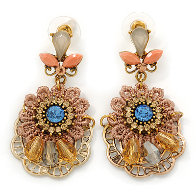Boho Style Crystal Bead, Lacy Floral Drop Earrings In Gold Tone - 50mm L