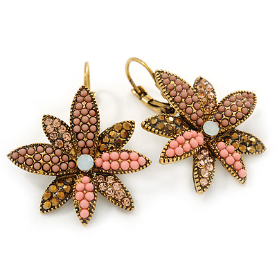 Bead, Crystal Flower Drop Earrings with Leverback Closure In Gold Tone (Pink, Citrine) - 40mm L - main view