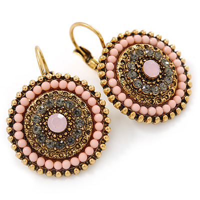 Boho Style Bead, Crystal Round Drop Earrings with Leverback Closure In Gold Tone (Pink, Grey) - 30mm L - main view