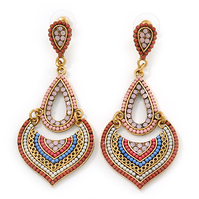 Boho Style Multicoloured Bead, Crystal Shandelier Earrings In Gold Tone - 75mm L - main view