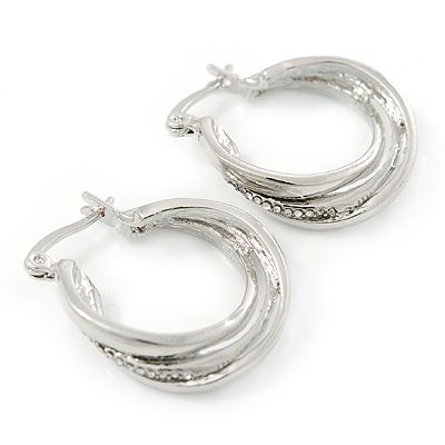Small Crystal Twisted Hoop Earrings In Rhodium Plating - 23mm D - main view