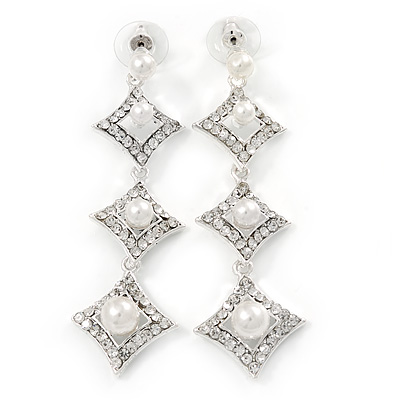 Bridal/ Prom Luxury Clear Swarovski Elements Crystal, Glass Pearl Drop Earrings In Rhodium Plating - 75mm L - main view