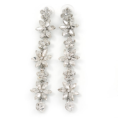 Bridal/ Prom Luxury Clear Crystal Floral Drop Earrings In Rhodium Plating - 90mm L - main view