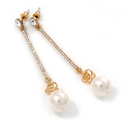 Gold Tone Clear Crystal Bar with Faux Pearl Linear Drop Earrings - 70mm L - main view
