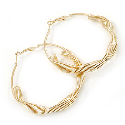 60mm Large Twisted Spring Hoop Earrings In Gold Tone Metal