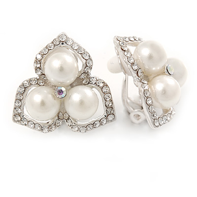 Clear Crystal, Glass Pearl Three Petal Flower Clip On Earrings In Silver Tone - 20mm L - main view