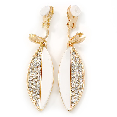 White Acrylic, Clear Crystal Leaf Clip On Earrings In Gold Plating - 45mm L - main view