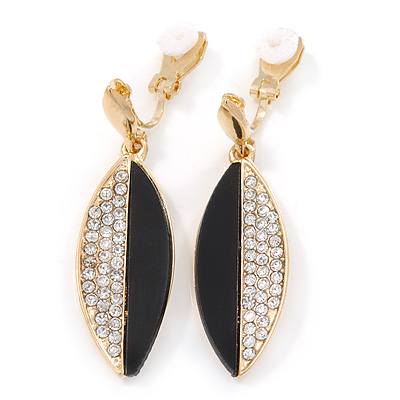 Black Acrylic, Clear Crystal Leaf Clip On Earrings In Gold Plating - 45mm L - main view