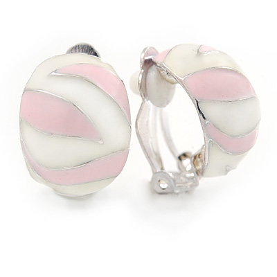C Shape Light Pink/ Whtie Enamel Clip On Earrings In Silver Tone - 20mm L - main view