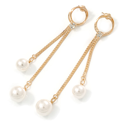 Gold Tone Chain with White Faux Pearl Drop Earrings - 90mm L - main view