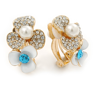 Crystal, Pearl Double Flower Clip On Earrings In Gold Plating - 25mm L - main view
