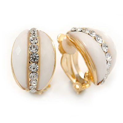 C Shape White Acrylic with Clear Crystal Clip On Earrings In Gold Plating - 20mm L - main view