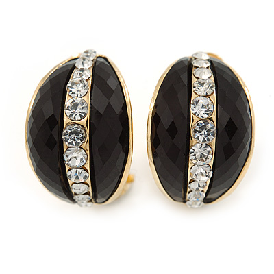 C Shape Black Acrylic with Clear Crystal Clip On Earrings In Gold Plating - 20mm L - main view
