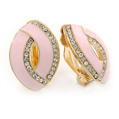 Light Pink Enamel Clear Crystal Oval Clip On Earrings In Gold Plaiting - 23mm L - main view