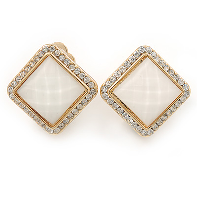 Square Crystal with White Acrylic Stone Clip On Earrings In Gold Plating - 23mm L - main view