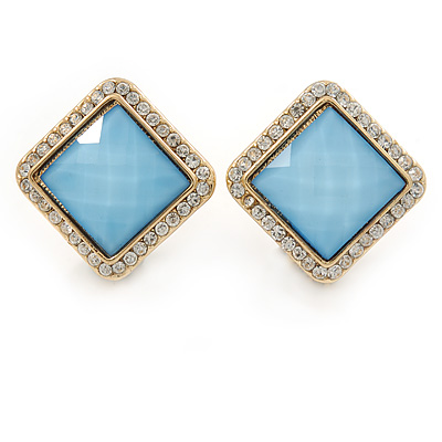Square Crystal with Light Blue Acrylic Stone Clip On Earrings In Gold Plating - 23mm L - main view