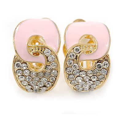 Gold Plated, Light Pink Enamel, Clear Crystal Infinity Clip On Earrings - 20mm L - main view