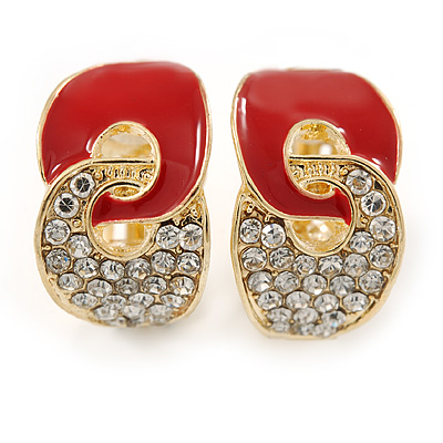 Gold Plated, Red Enamel, Clear Crystal Infinity Clip On Earrings - 20mm L - main view