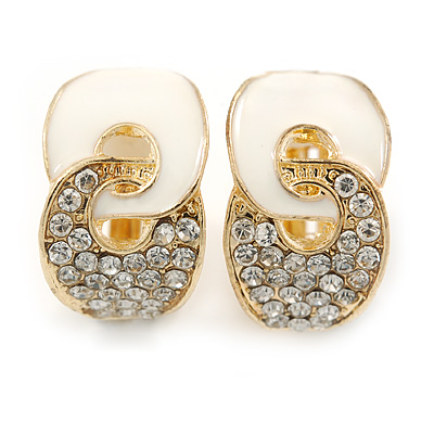 Gold Plated, White Enamel, Clear Crystal Infinity Clip On Earrings - 20mm L - main view