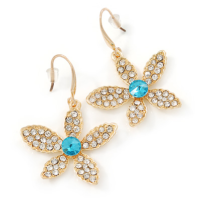 Clear/ Light Blue Crystal Flower Drop Earrings In Gold Plating - 43mm L - main view